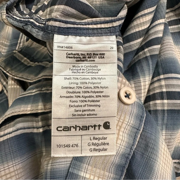 Carhartt Men’s L Relaxed Fit Force Short Sleeve Blue Plaid Shirt - Picture 5 of 5